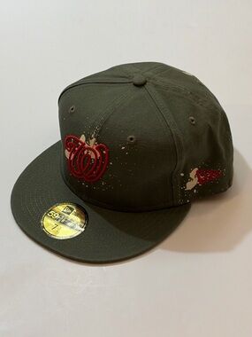 Washington Nationals New Era Olive Splatter 59FIFTY Fitted Hat Size 7 3/4